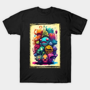 Colorful and Funny Monsters in Neon Watercolor Doodle Art Style T-Shirt